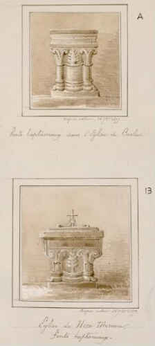 A) Fonts baptismaux dans l'église de Curlu. - Aquarelle d’Oswald Macqueron, d'après nature, 25 septembre 1877. B) Eglise de Hem-Monacu : fonts baptismaux. - Aquarelle d’Oswald Macqueron, d'après nature, 25 septembre 1877.