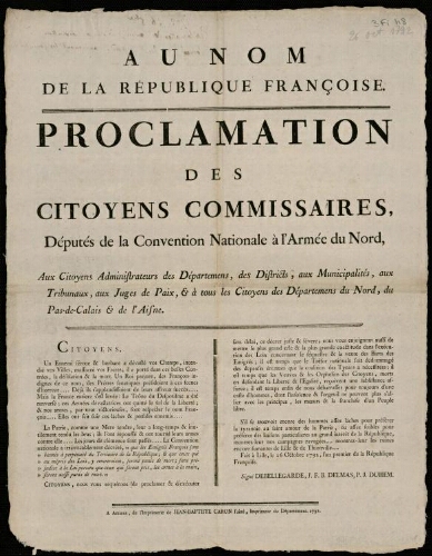 Affiche révolutionnaire. Proclamation des citoyens Commissaires, députés de la Convention Nationale à l'Armée du Nord.