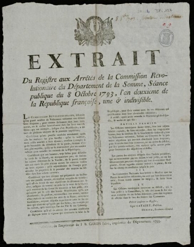 affiche révolutionnaire Extrait du Registre aux Arrêtés de la Commission Révolutionnaire du Département de la Somme. Séance publique du 8 octobre 1793 ….