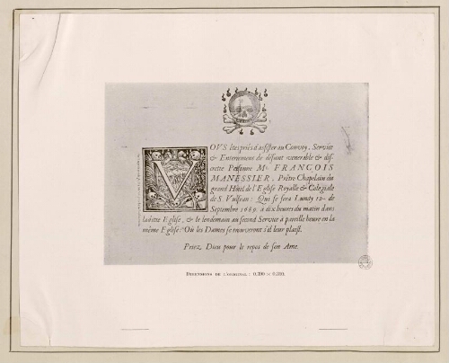 Faire part de décès de François Manessier, prêtre chapelain du grand hôtel de l'église royale et collégiale de S. Vulfran, le lundi 12 septembre 1689.