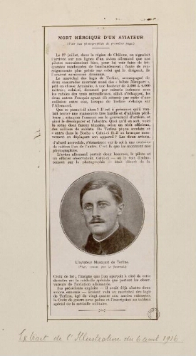 Mort héroïque d'un aviateur. L'Aviateur Macquart de Terline. (Maréchal des logis) (Phot. Comm. par le Journal). Extr. de "L'Illustration" du 6 août 1916. Portrait accompagné d'un article.