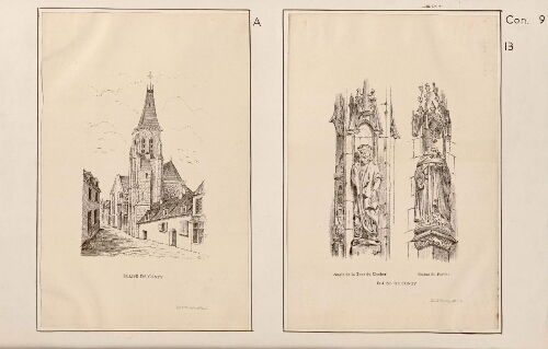 A) Eglise de Conty. - Abbeville : lith E. Winckler, Abbeville. B) Eglise de Conty : angle de la Tour du clocher et statue du porche. - Abbeville : lith. E. Winckler.