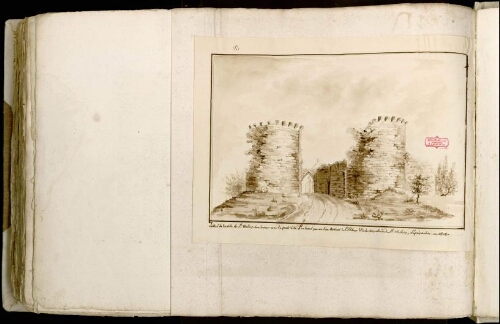 Entrée de la ville de St Wallery sur Somme par la porte dite d’en haut par où l’on revient de l’abbaye & de la chapelle dudit St Wallery, d’après nature en 1828