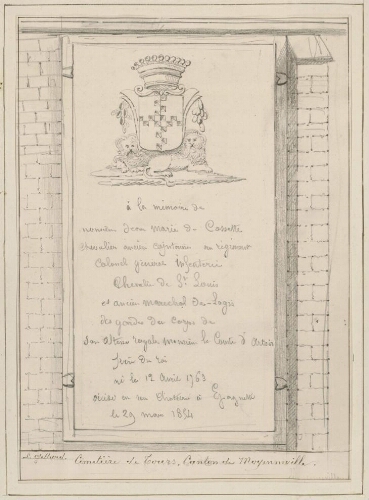 Cimetière de Tours, canton de Moyenneville. Tombe de Jean Marie de Cossette. - Dessin L. Gillard