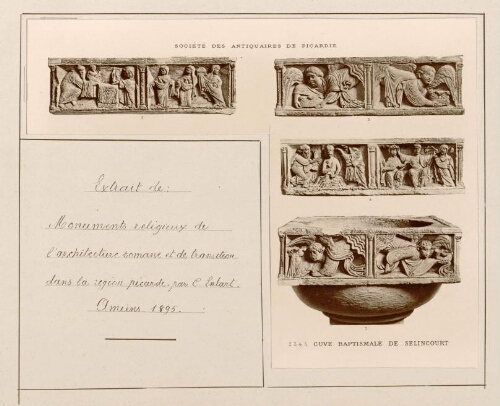 Cuve baptismale de Selincourt. - Extrait de "Monuments religieux de l'architecture romane et de transition dans la région picarde " par C. Enlart, Amiens, 1865. - Société de s Antiquaires de Picardie. - Nota : Selincourt est une ancienne commune française située dans le département de la Somme. de puis 1972, elle est associée à la commune d’Hornoy-le-Bourg, comme les communes de Tronchoy, Lincheux-Hallivillers, Orival, Gouy-L’Hôpital et Boisrault.