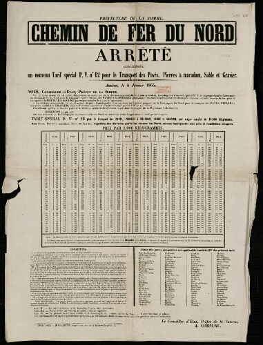 affiche 1800-1865 Préfecture de la Somme : Chemin de Fer du Nord : arrêté concernant un nouveau tarif spécial P.V. n°12 pour le transport de s pavés, pierres à macadam, sable et gravier