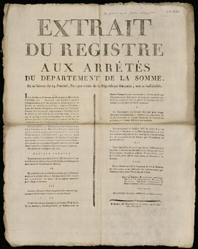 affiche révolutionnaire Extrait du Registre aux Arrêtés du Département de la Somme. En sa séance du 24 Prairial, l’an quatrième de la République ….