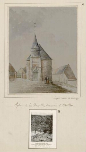 A) Église de La Boisselle, commune d'Ovillers. - Aquarelle d'Oswald Macqueron, d'après nature, 28 avril 1877. B) Tombes britanniques dans le plus grand entonnoir de La Boisselle : à droite de la route de la Boisselle à Contalmaison.