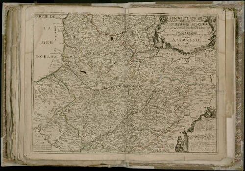 La province de Picardie divisée en haute et basse Picardie. Généralités d’Amiens et de Soissons. Le gouvernement général de Picardie où sont les pays de Boulenois Boulonnais avec le pays reconquis, le Ponthieu avec le Vimeu, l’Amiénois, le Santerre, le Vermandois et le Tierrache, en Picardie, avec le comté d’Artois et partie de celuy de Hainaut dans les Pays-Bas. La partie septentrionale du gouvernement général de l’Isle Îlede France comprenant les pays de Beauvaisis, le Noyonois, le Laonois, le Soissonois Noyonnais, Laonnais,Soissonnaiset le Valois dans la Picardie, dressée selon les Mémoires du Sr Tillemon et dédiée à Sa Majesté… à Paris, chez J. B. Nolin, sur le quai de l’Horloge du Palais, à l’enseigne de la Place de s Victoires vers le Pont Neuf, 1759. éch. 1/500 000. 53 mm pour 6 lieues communes de France. Cours d’eau, villes, villages. Cartouche.