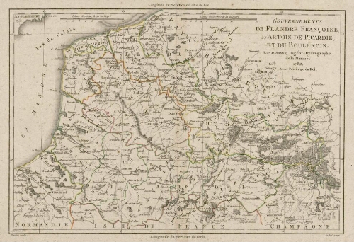 Gouvernements de Flandre françoise, d'Artois, de Picardie et du Boulenois. Par M. Bonne, ingénieur-hydrographe de la Marine, 1782, avec Privilege du Roi. - Hérisson (del.) ; Perrier (sculp.) ; André (scrip.).