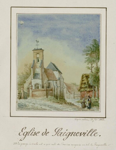 Église de Saigneville. - Aquarelle d'Oswald Macqueron, d'après nature, 26 septembre 1862. Nota : la grange à droite est ce qui reste de l'ancien magasin au sel de Saigneville.