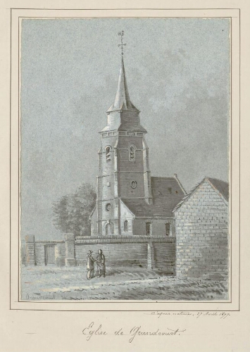 Église de Grandcourt. - Aquarelle d'Oswald Macqueron, d'après nature, 27 avril 1877.