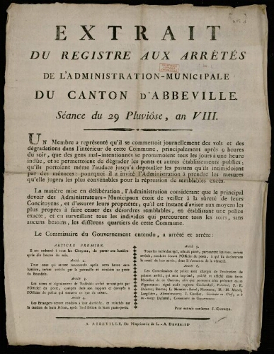 affiche 1800-1865 Extrait du registre aux arrètés de l'administration-municipale du canton d'Abbeville : séance du 29 Pluviôse, an VIII.