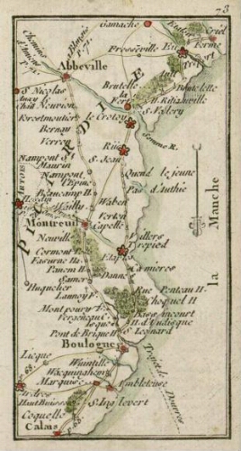 L'Indicateur Fidèle du Voyageur François qui donne toutes les Routes des Provinces de Picardie, par M. Michel : route d'Abbeville à Calais et Boulogne en passant pas Montreuil-sur-Mer