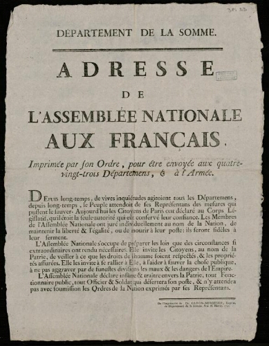 affiche révolutionnaire Département de la Somme : Adresse de l'Assemblée Nationale aux Français.