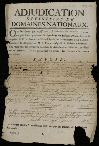 affiche révolutionnaire Adjudication définitive de domaines nationaux.