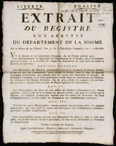 affiche révolutionnaire Extrait du Registre aux Arrêtés du Département de la Somme. En sa séance du 30 Floréal, l’an 3e de la République française ....