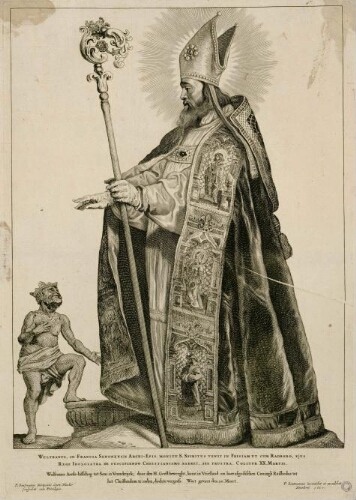 Portrait de saint Vulfran. Wulfranus in Francia Senonensis Archi-Epis. Monitu S. Spiritus venit in Frisiam ut cum Radbodo, ejus Rege idololatra de suscipiendo Christianismo ageret, sed frustra. Colitur XX. Martii,... - P. Soutmannus, inveniebat et excudebat, Haerlemi, 1650