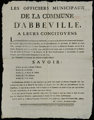 affiche révolutionnaire Les Officiers Municipaux de la Commune d'Abbeville à leurs Concitoyens.