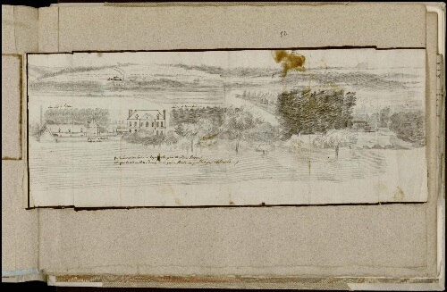 Vue de la maison bâtie à Épagnette par M. Ricouart, telle qu'on la voit en 1811, du côté de la grande route en y allant par Abbeville. Le pigeonnier bâti en 1600 et l'église de Mareuil en arrière plan au-delà de la rivière Somme