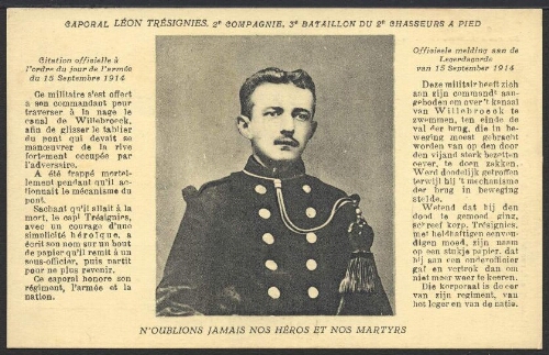 Le caporal Léon Tresignies, 2e Compagnie, 3e Bataillon du 2e Chasseurs à pied Citation officielle à l'ordre du jour de l'armée du 15 septembre 1914