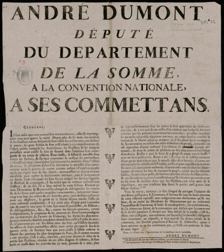 affiche révolutionnaire André Dumont, député du Département de la Somme à la Convention Nationale à ses Commettans.