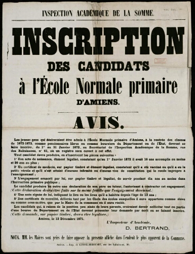 Affiche 1870-1871. Inspection académique de la Somme : Inscription des candidats à l’École Normale primaire d'Amiens. Avis.