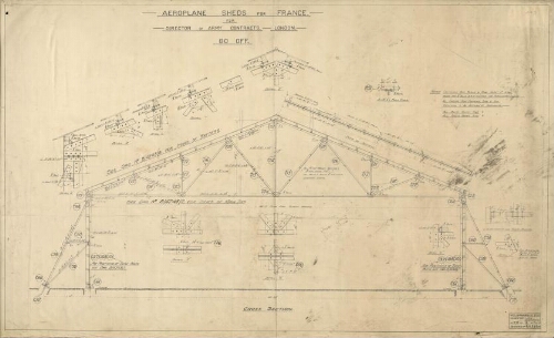 Cartes et Plans 1914-1918 : Aeroplane sheds (hangars à avions) for France for Director of Army contracts, London, 80 off. - William Bain & Co, ltd, Lochrin iron works coatbridge, DR : J. M., CH : ..., DT : 29-6-16, drawing n° B/ 4248/4.