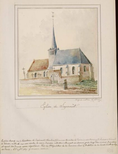 Église de Soyécourt. - Aquarelle d'Oswald Macqueron, d'après nature, 25 septembre 1877. - Nota ms : en plein champ, sur le territoire de Soyécourt (Chaulnes) et à environ 180 mètres de l’ancienne voie romaine d’Amiens à Vermand se trouve, culbuté sur une couche de craie disposée intentionnellement, un énorme grès, long d’au moins 3 mètres et ayant des formes assez régulières. Voir « Les mégalithes de la Somme » dans les « Bulletins de la Société d’anthropologie de Paris », oct. à déc. 1889, G. Masson éd..