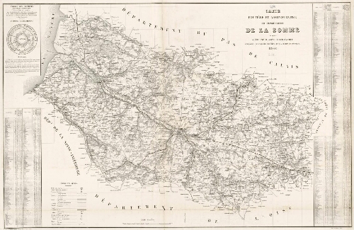 Carte routière et administrative du département de la Somme. Par A. Fournier, agent-voyer en chef, chevalier de l'ordre impérial de la légion d'honneur, 1866 ; gravée par Regnier et Dourdet, 8 passage Ste Marie (rue du Bac) à Paris. - Lith. de Gracia, à Paris.