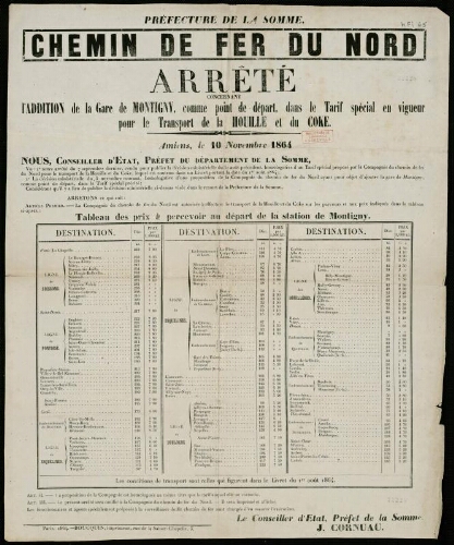 affiche 1800-1865 Préfecture de la somme : Chemin de Fer du Nord : arrêté concernant l'addition de la gare de Montigny, comme point de départ, dans le tarif spécial en vigueur pour le transport de la houille et du coke