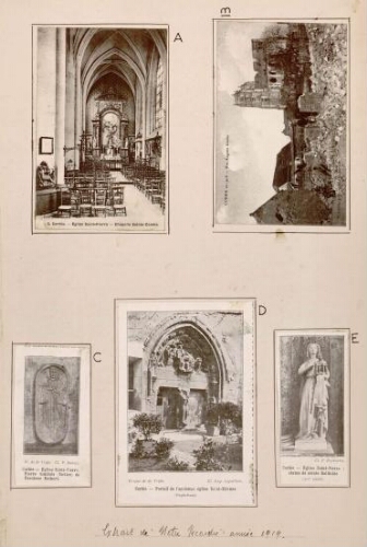 A) Corbie : église Saint-Pierre : chapelle Sainte-Colette. - Carte postale n°3. - Édit. Jules Grare. B) Corbie en 1918 : rue Auguste Gindre. - Carte postale L. Caron édit. ; Objectifs Bethiot. C) Corbie : église Saint-Pierre : pierre tombale (factice) de Paschase Radbert. - Pl. As de Trèfle ; Cl. P. Dubois. D) Corbie. Portail de l'ancienne église Saint-Étienne (Orphelinat). - Pl. As de Trèfle ; Cl. Eug. Léguillier. E) Corbie : église Saint-Pierre : statue de sainte Bathilde (XIVe siècle). - Cl. F. Reyboubet.