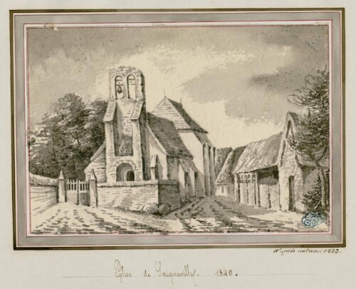 Église de Saigneville : 1840. - Aquarelle d'Oswald Macqueron, d'après nature, 1842.