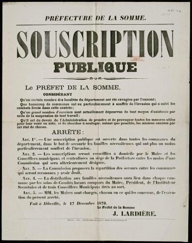 affiche 1870-1871 Préfecture de la Somme : Souscription publique