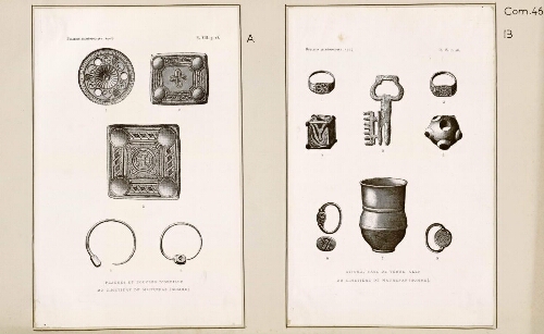 A) Plaques et boucles d'oreilles du cimetière de Maurepas (Somme). - Extrait du "Bulletin archéologique", 1907, pl. VIII, p. 28. B) Bijoux, vase de terre, clef du cimetière de Maurepas (Somme). - Extrait du "Bulletin archéologique", 1907, pl. IX, p. 28.