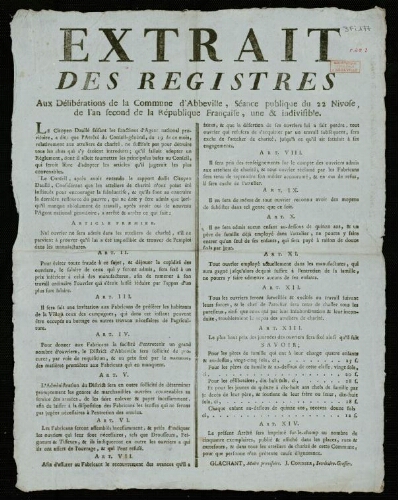 Affiche révolutionnaire Extrait des Registres aux Délibérations de la Commune d'Abbeville, séance publique du 22 Nivôse de l’an second de la République Française, une et indivisible.