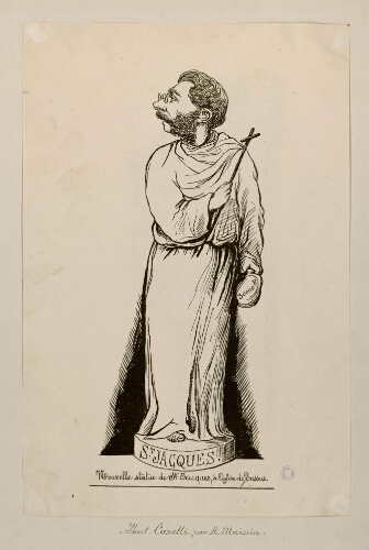 Caricature d'Albert Carette par H. Maissin. Caricature intitulée : Nouvelle statue de St Jacques, à l'église de Bussus.