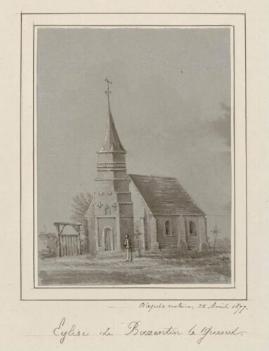 Église de Bazentin Le Grand. - Aquarelle d'Oswald Macqueron, d'après nature, 28 avril 1877.