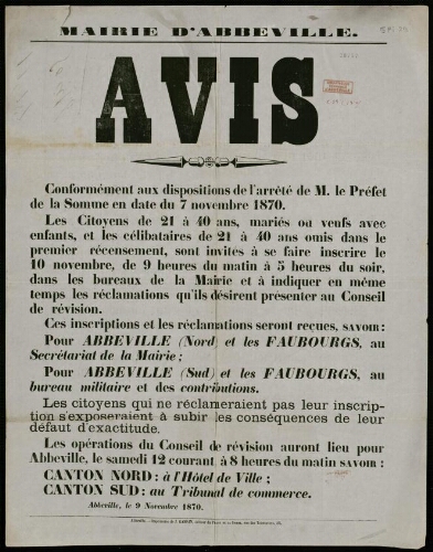 affiche 1870-1871 Mairie d’Abbeville : Avis. Recensement.