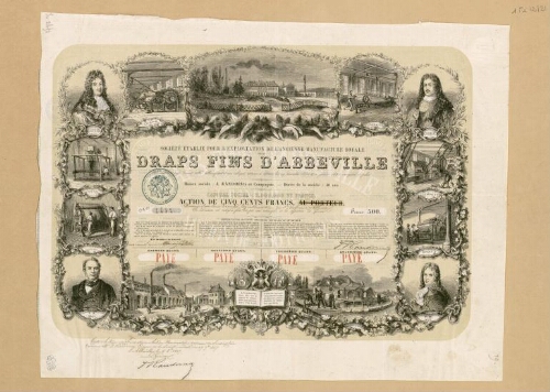 Action de la Manufacture de s Rames. Société établie pour l'exploitation de l'ancienne Manufacture royale, draps fins d'Abbeville : acte passé de vant Me Mocquard et son collègue, notaires à Paris, les 29 décembre 1854 et 2 janvier 1855, enregistré et publié. Raison sociale J. Randoing et Cie, durée de la Société 40 ans, capital social 2 000 000 de francs, action de 500 francs. Monsieur Jean Louis Gomard, négociant en bonneterie, rue St Vulfran à Abbeville, n° 2682. Payé. - Note manuscrite : "Cette action est convertie en action nominative, suivant sa souscription, remise à M. Randoing, gérant de la société, en date du 17 sept. 1857, Abbeville, le 5 oct. 1857. Le gérant, J. Randoing".