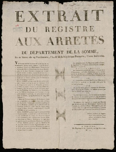 affiche révolutionnaire Extrait du Registre aux Arrêtés du Département de la Somme, en sa séance du 24 Vendémiaire, l’An IV de la République ….