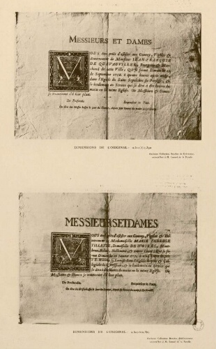 Faire part de décès armoriés de Jean-François de Quevauviller ; Marie Thérèse Tillette, demoiselle de Woirel. Ancienne collection Boucher de Crèvecoeur, aujourd'hui à M. Lennel de la Farelle.