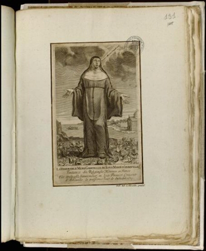 Portrait La vénérablEMère Gabrielle de Jésus Maria d’Abbeville, fondatrice de s religieuses Minimes en France. Elle trépassa saintement en leur premier couvent d’Abbeville le troisième jour de décembre 1630. F. Poilly, sculp. Cf. « Hist. Ecclésiastique d'Abbeville », p. 265