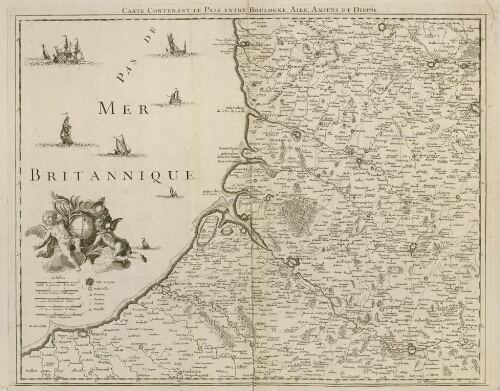 Carte du littoral entre Dieppe et Boulogne. Carte contenant le Pais entre Boulogne, Aire, Amiens et Dieppe.