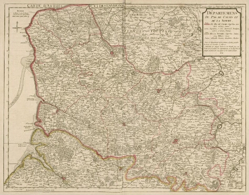 Carte d'Artois et des environs où l'on voit le ressort du Conseil Provincial d’Artois. Départemens du Pas de Calais et de la Somme, 1791. - Par Guillaume Delisle, premier Géographe du Roy ; Ph. Buache, P.G.d.R. d.l’A.R.d.S. (gendre de l’auteur) avec Privilege du Roi ; Derosier, sculp.