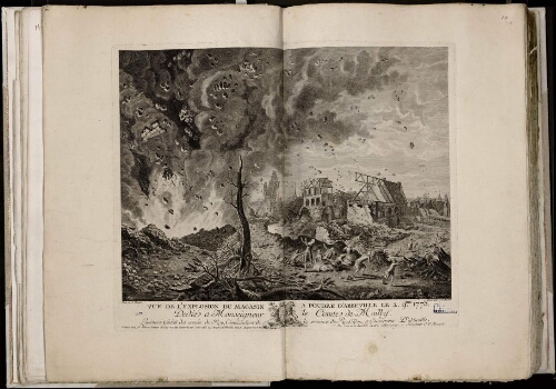 Vue de l’explosion du magasin à poudre d’Abbeville le 2 novembre 1773. Dédié à Monseigneur le Comte de Mailly, Lieutenant Général de s armées du Roy, Commandant de la province du Roussillon et Gouverneur d’Abbeville. Peint par A. Choquet. Gravé par C.F. Macret. A Paris, chez M. Aliamet, graveur du Roy - A Abbeville, chez M. Choquet