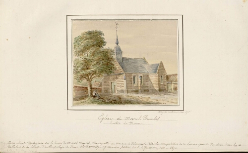 Église de Mesnil-Bruntel, canton de Péronne. - Aquarelle d'Oswald Macqueron, d'après nature, 12 mai 1875.