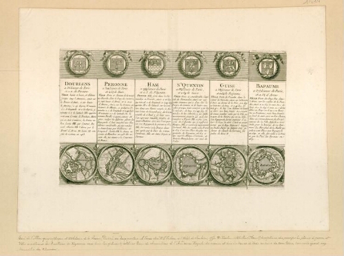 Places fortes du Nord de la France avec plans, description succincte et blasons : Doullens, Péronne, Ham, St Quentin, Guise et Bapaume.