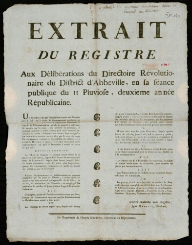 affiche révolutionnaire Extrait du Registre aux Délibérations du Directoire Révolutionnaire du District d'Abbeville en sa séance publique du 11 Pluviose, de uxième année Républicaine.