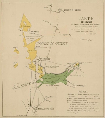 Carte des marais de Noyelles-sur-Mer et de Ponthoile : dressée à l'occasion d'un procès pendant entre ces deux communes, pour être jointe au Mémoire fourni par Noyelles. Août 1875. Echelle de 1/20.000. - Auto. T. Jeunet, Amiens.